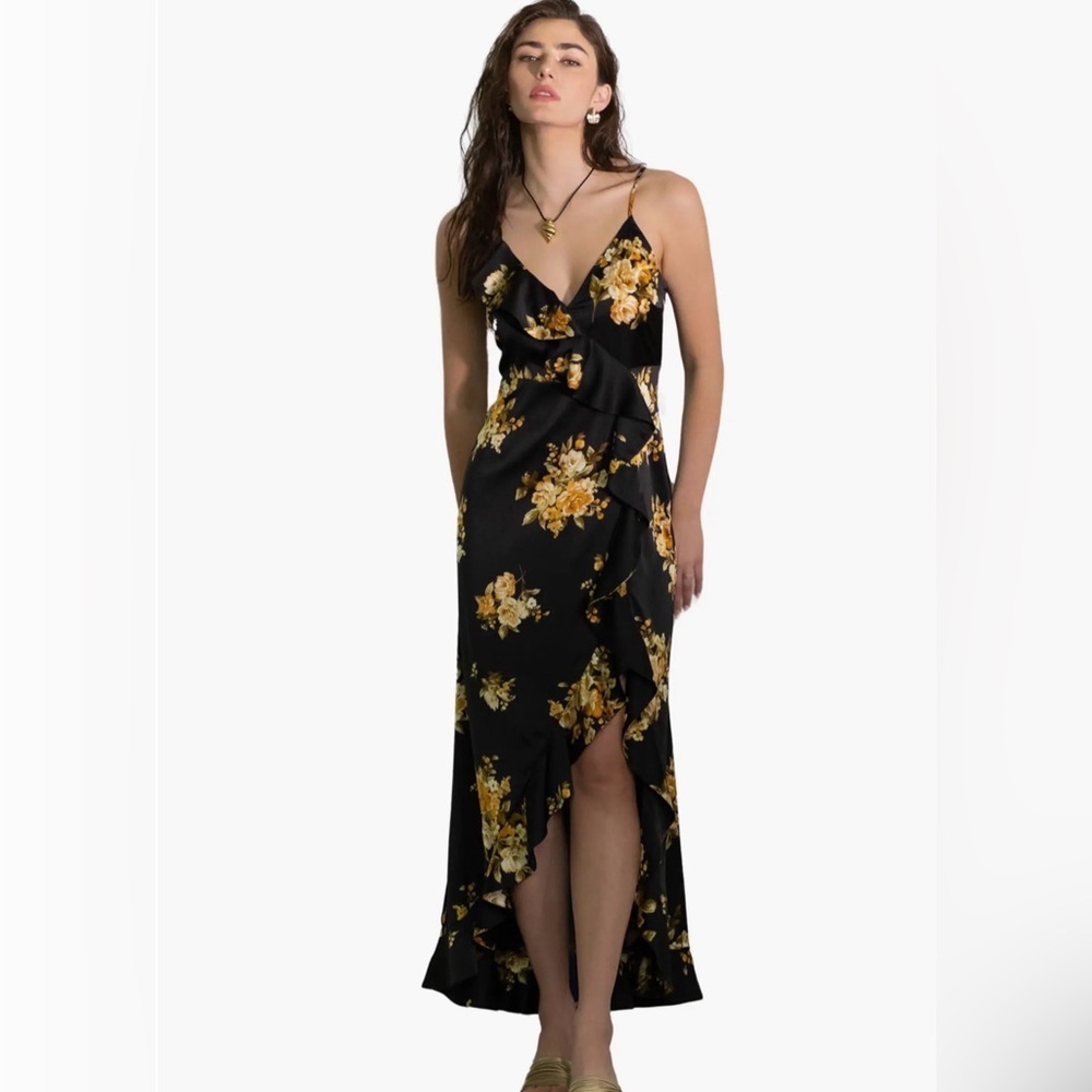 Black Floral High-Low Ruffle Maxi Dress with Golden Floral Print